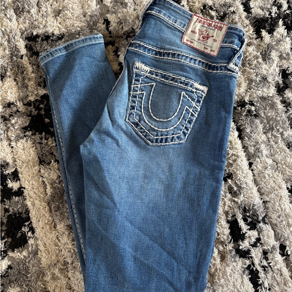 True Religion Blue Skinny Jeans with Iconic Horseshoe Stitching